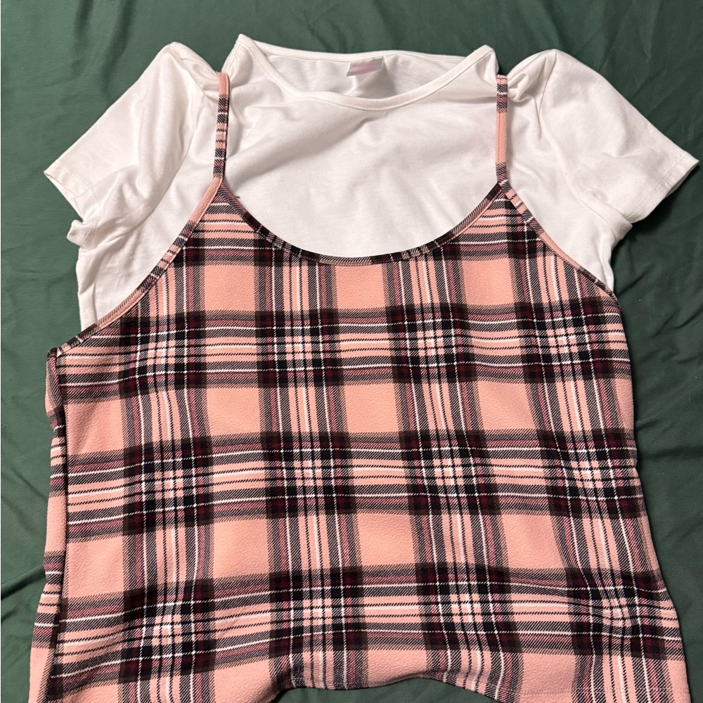 Pink Plaid Spaghetti Strap Top with White Tee